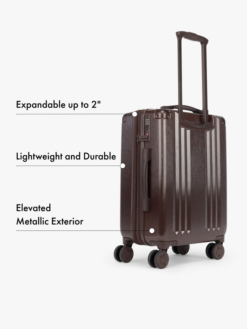 Backside of CALPAK Ambeur Carry On Luggage in Brown with text highlighting features on a white background