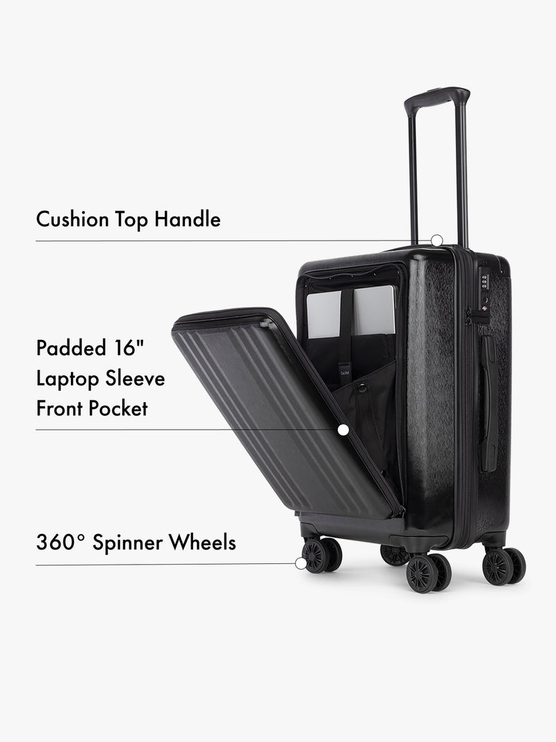 CALPAK Ambeur Black carry-on suitcase with features highlighted on a white background