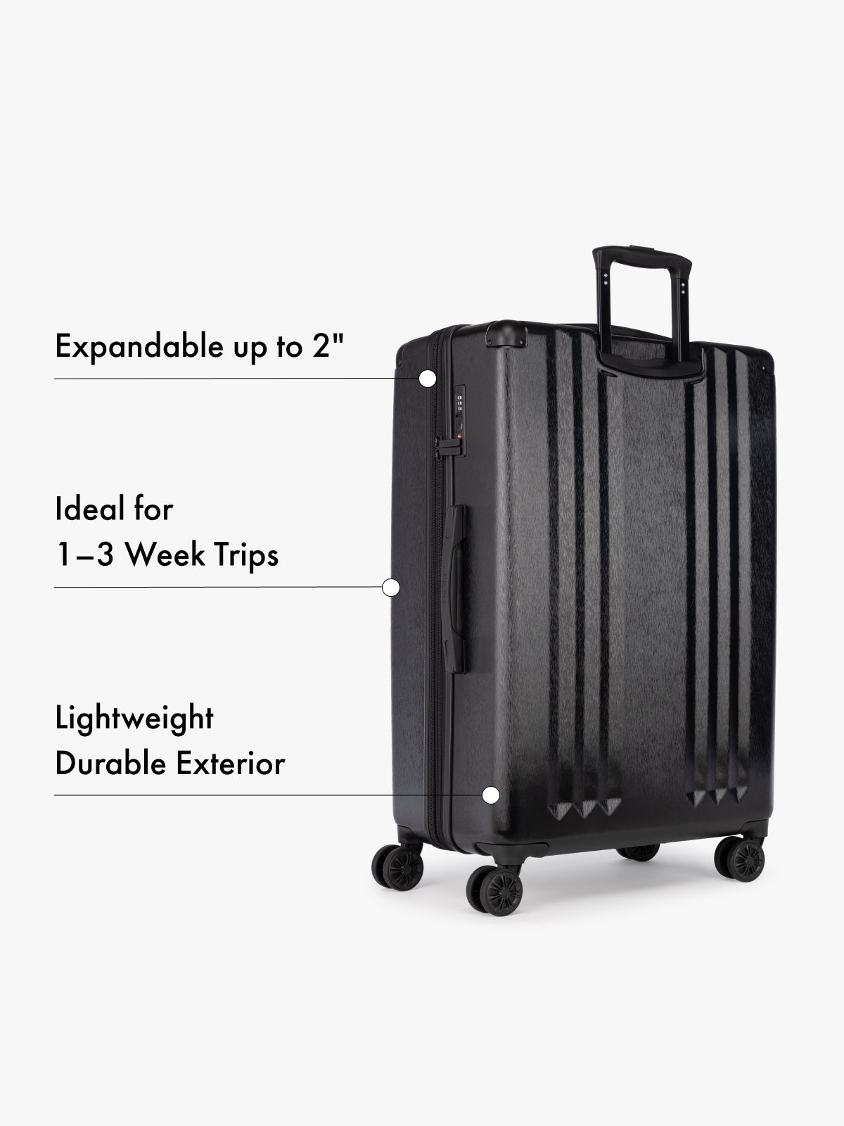 CALPAK large Black suitcase with text highlighting features on a white background; LAM3000-BLACK
