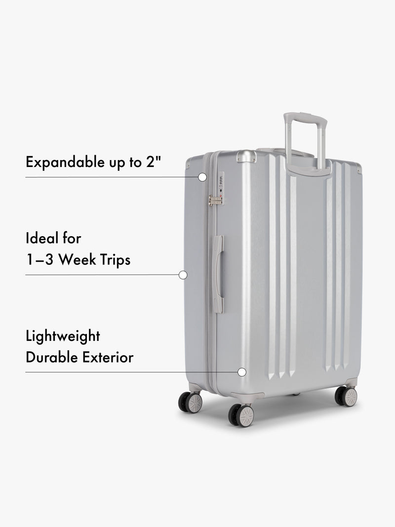 CALPAK Ambeur silver hard shell large suitcase with features highlighted on a white background