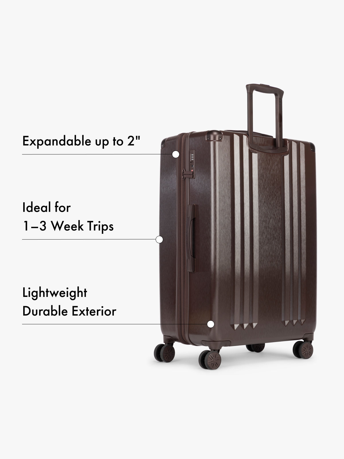 CALPAK large brown suitcase with text highlighting features on a white background; LAM3000-WALNUT