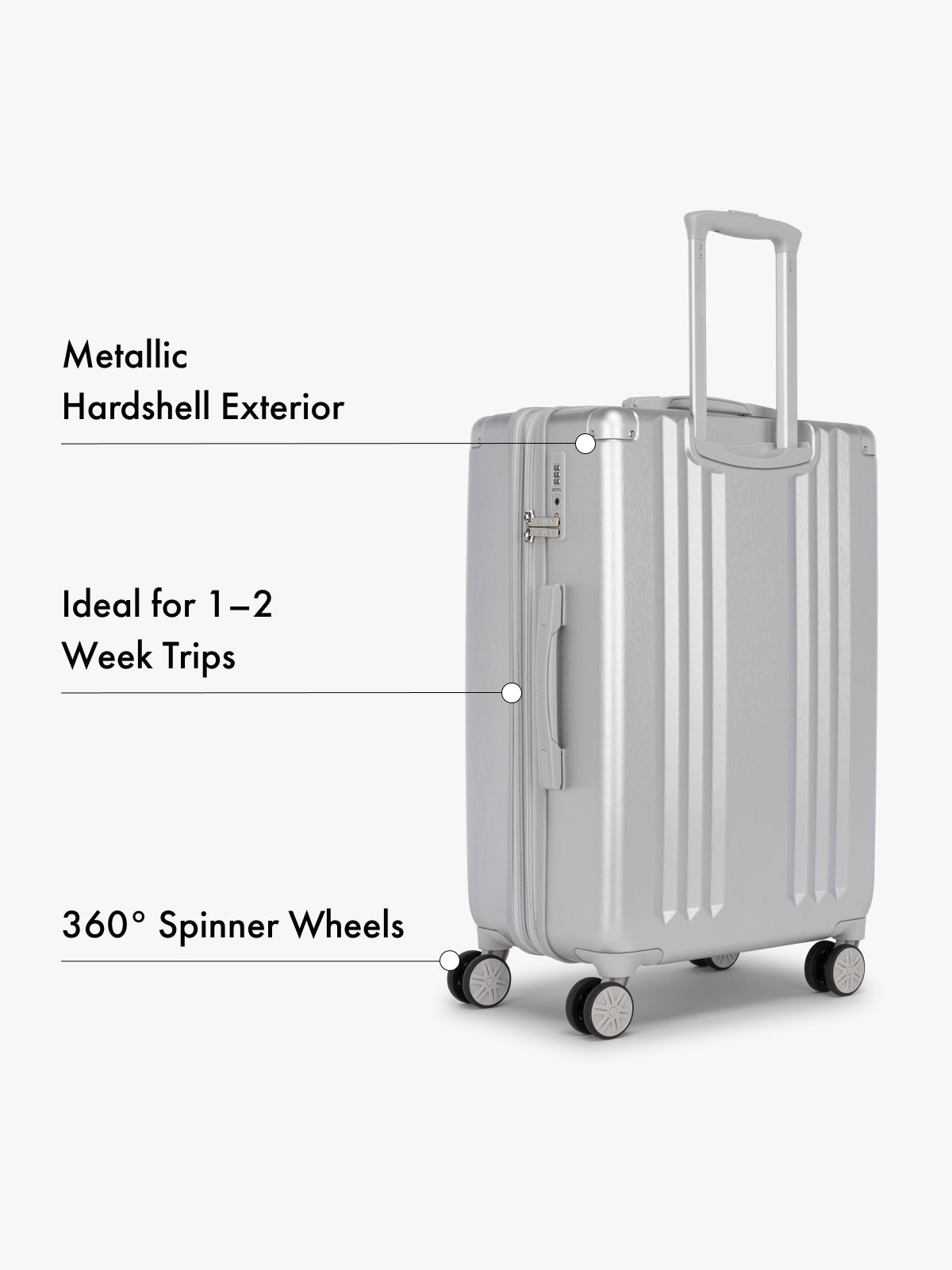 CALPAK Ambeur silver medium 26 inch hardshell suitcase with features highlighted on a white background ; LAM1024-SILVER