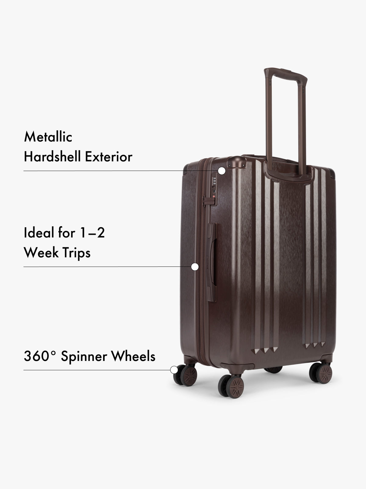 Backside of CALPAK Ambeur Medium Brown hardshell suitcase with text highlighting features on a white background; LAM1024-WALNUT