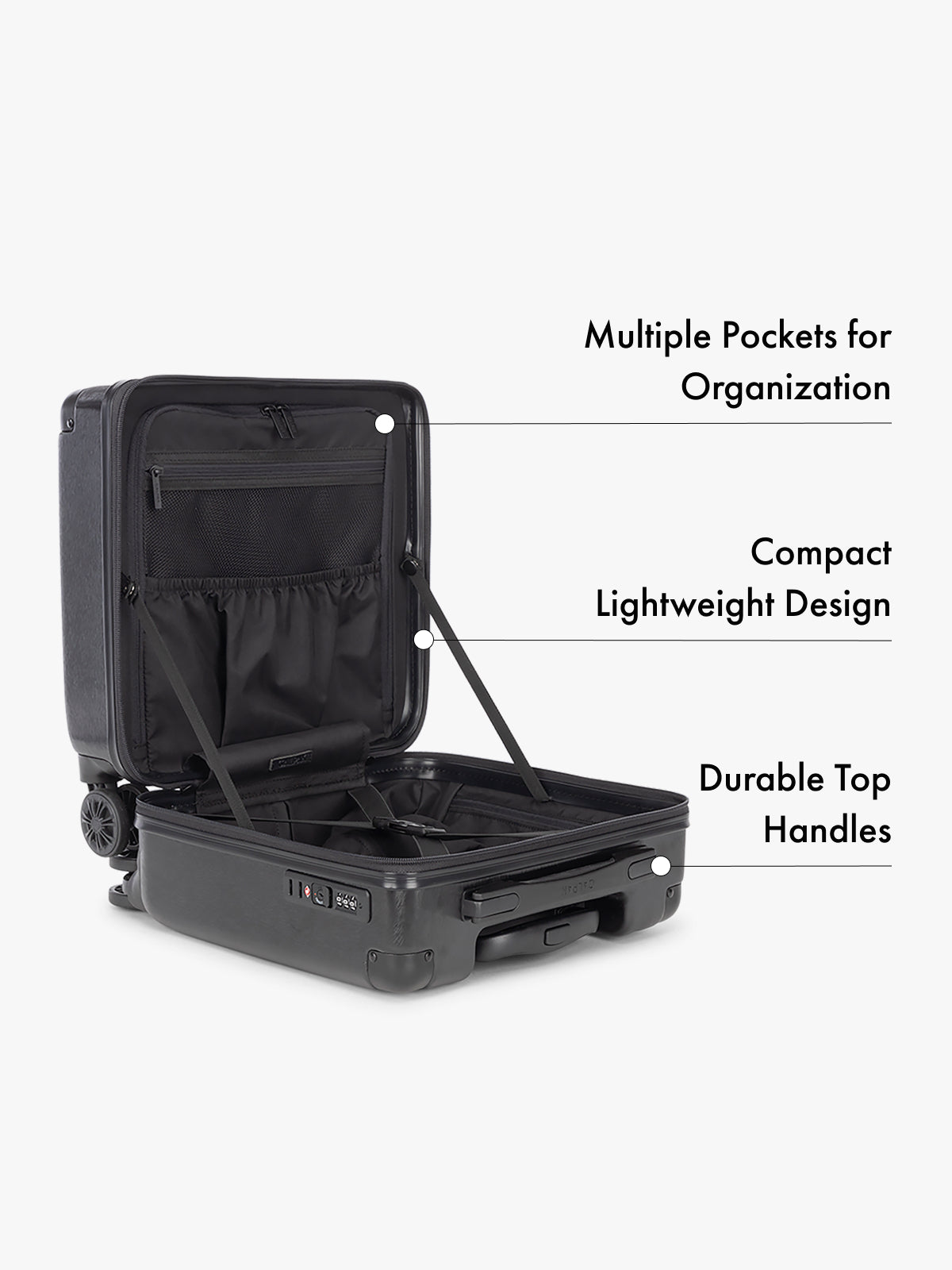 CALPAK Ambeur Black carry on suitcase with open lid showing multiple pockets, compact design, and durable top handles on a white background; LAM1014-BLACK