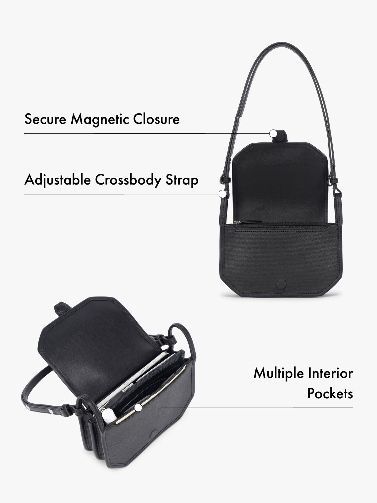 Canvas crossbody wallet bag with features of magnetic closure, adjustable strap, and multiple interior pockets highlighted on a white background; CLWC2601-BLACK