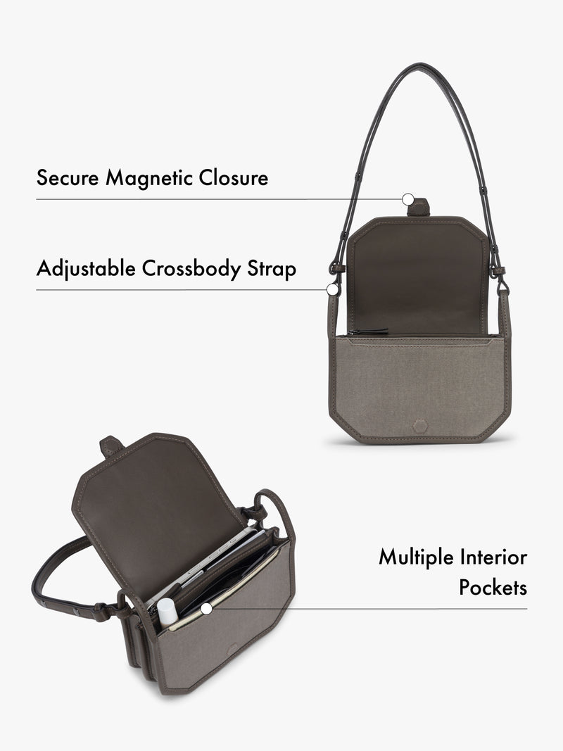 Canvas crossbody wallet bag with features of magnetic closure, adjustable strap, and multiple interior pockets highlighted on a white background
