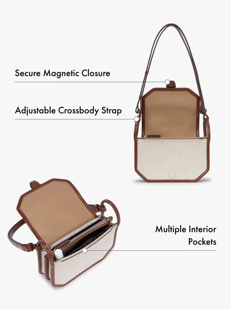 Canvas crossbody wallet bag with features of magnetic closure, adjustable strap, and multiple interior pockets highlighted on a white background