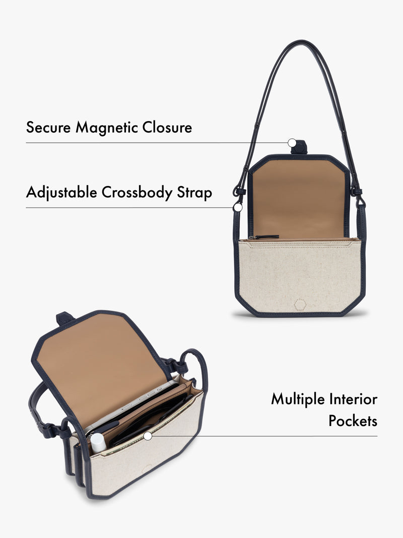 Canvas crossbody wallet bag with features of magnetic closure, adjustable strap, and multiple interior pockets highlighted on a white background