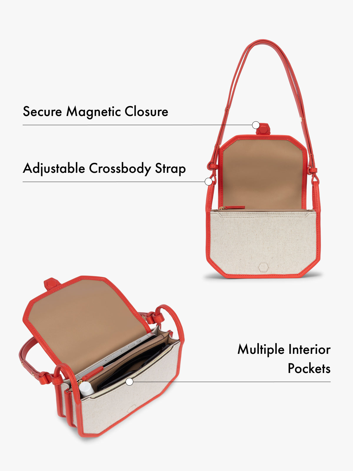 Canvas crossbody wallet bag with features of magnetic closure, adjustable strap, and multiple interior pockets highlighted on a white background; CLWC2601-NATURAL-TOMATO