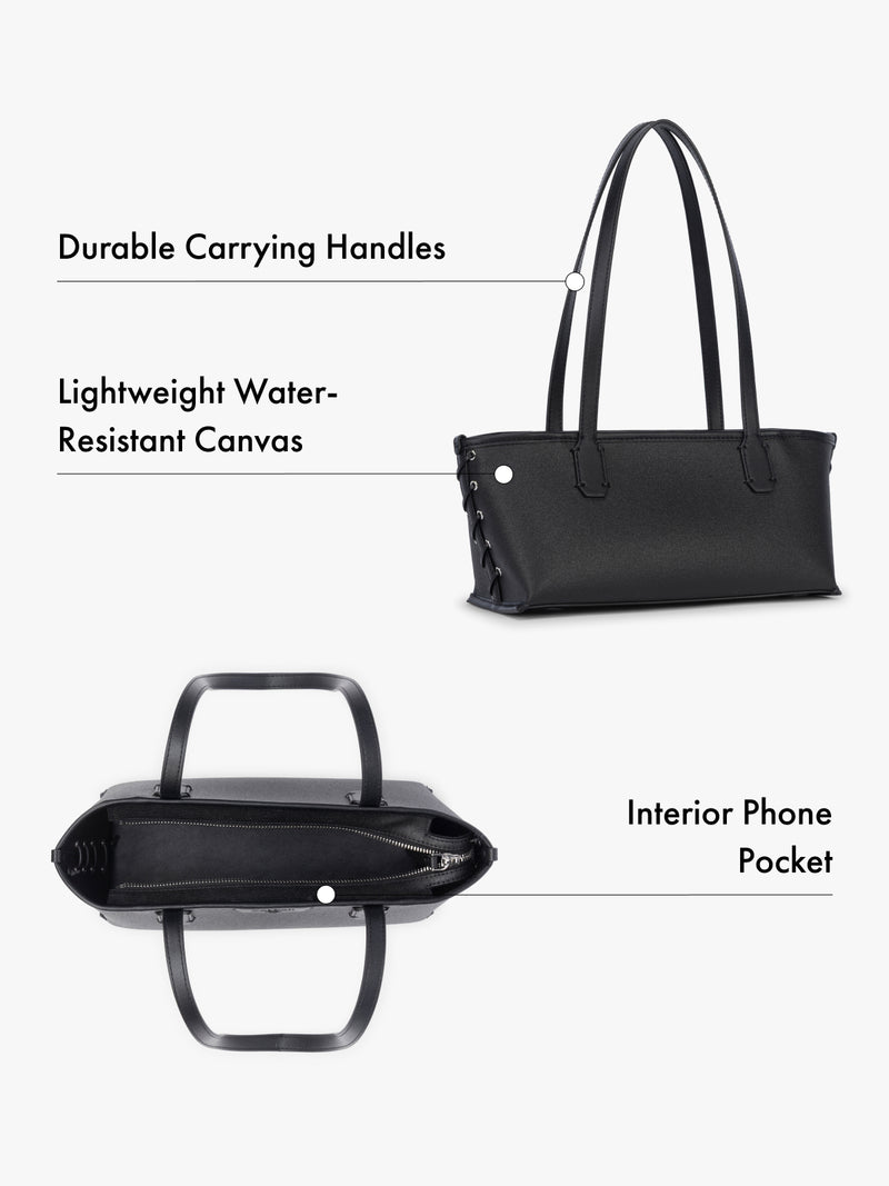 Tote bag with durable carrying handles, lightweight water-resistant canvas, and interior phone pocket on a white background