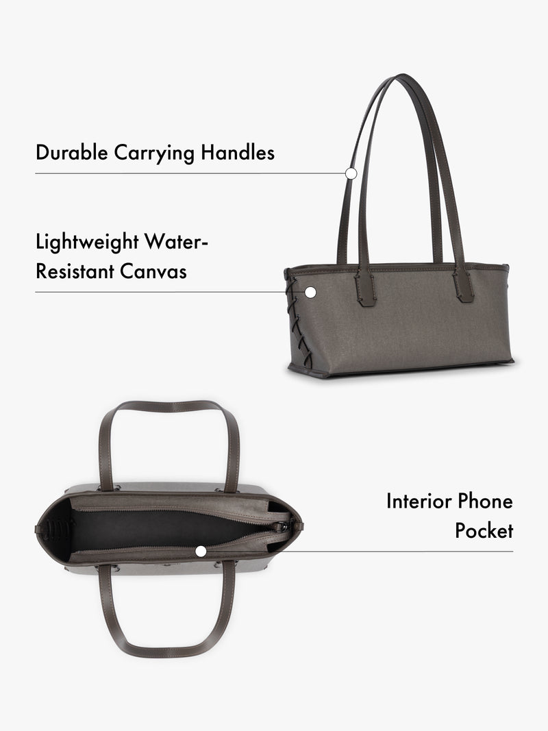 Tote bag with durable carrying handles, lightweight water-resistant canvas, and interior phone pocket on a white background