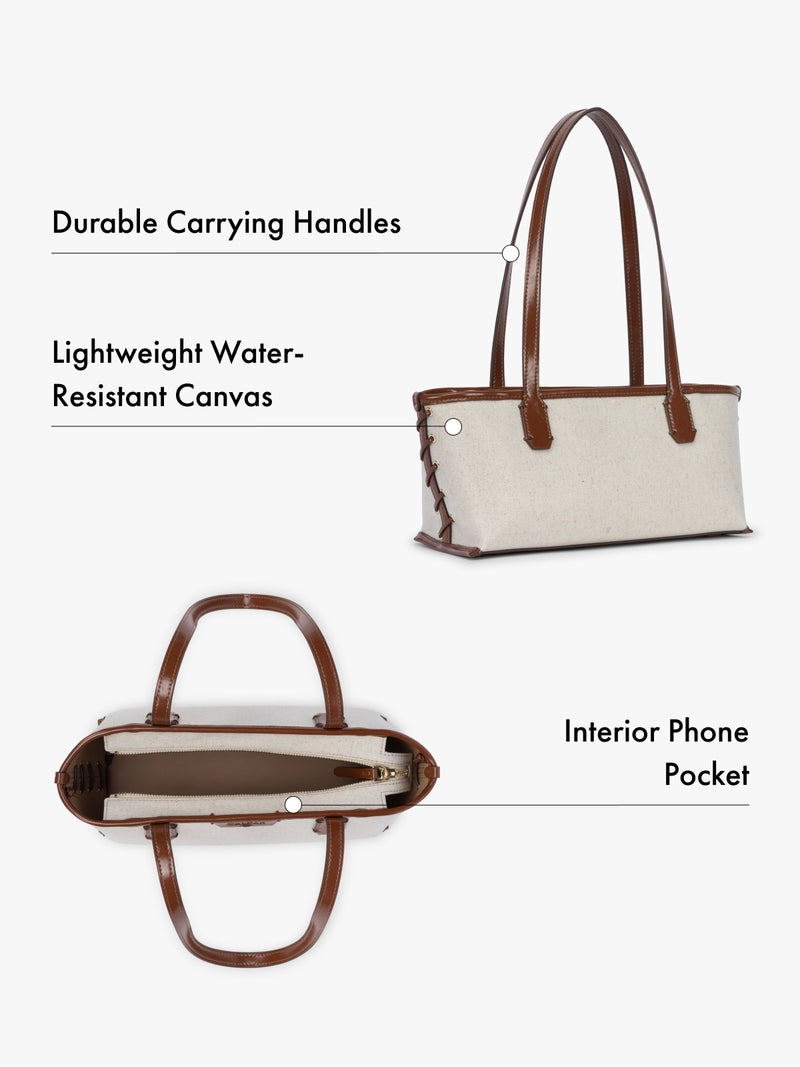 Tote bag with durable carrying handles, lightweight water-resistant canvas, and interior phone pocket on a white background