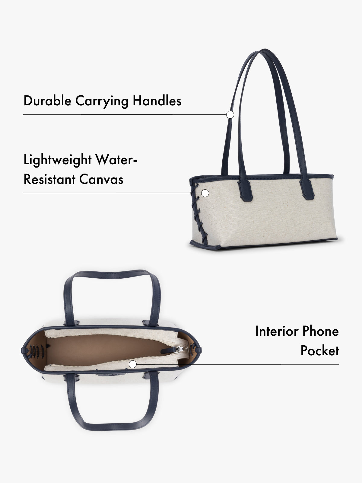 Tote bag with durable carrying handles, lightweight water-resistant canvas, and interior phone pocket on a white background; CLST2601-NATURAL-NAVY