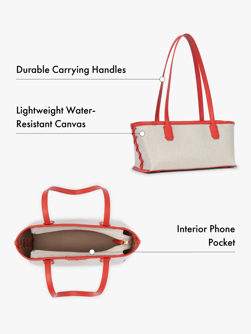 Tote bag with durable carrying handles, lightweight water-resistant canvas, and interior phone pocket on a white background