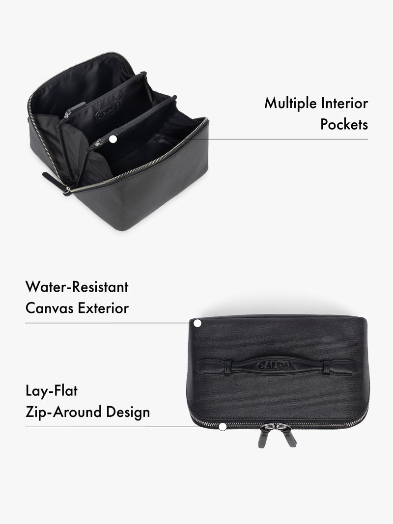 Travel toiletry organizer with multiple interior pockets, water-resistant canvas exterior, lay-flat design features highlighted on a white background