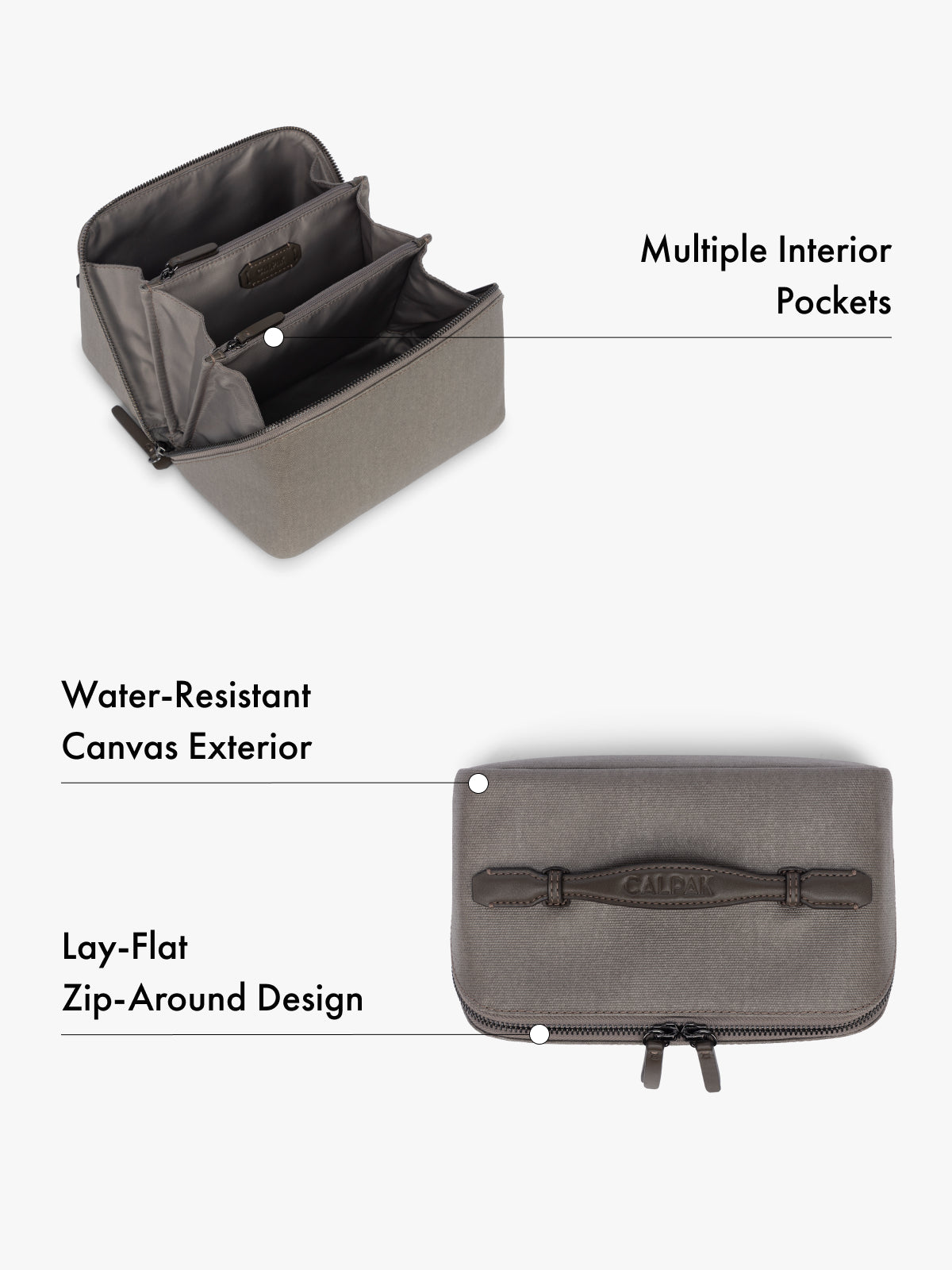 Travel toiletry organizer with multiple interior pockets, water-resistant canvas exterior, lay-flat design features highlighted on a white background; CLTB2601-MUSHROOM