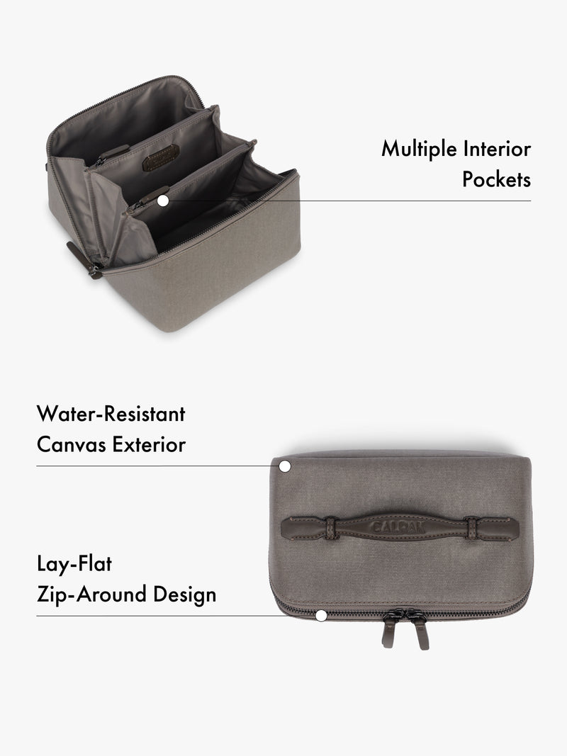 Travel toiletry organizer with multiple interior pockets, water-resistant canvas exterior, lay-flat design features highlighted on a white background