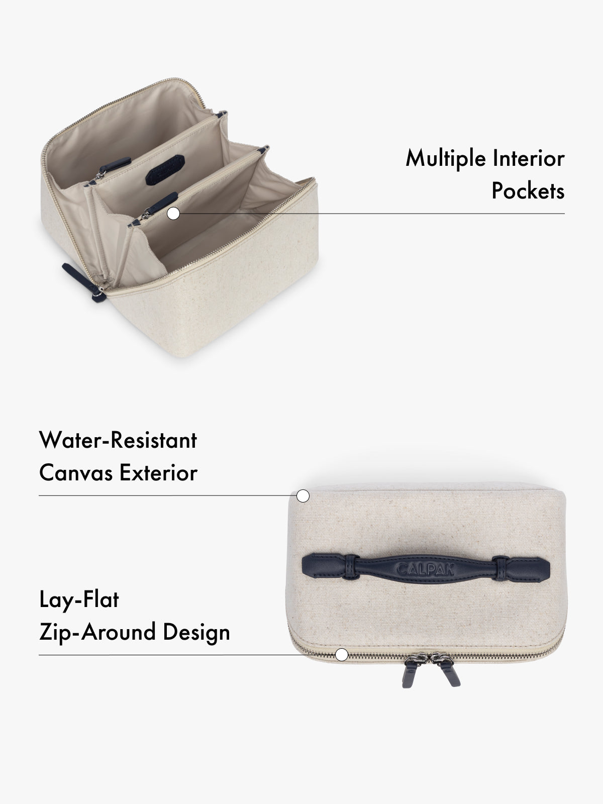 Travel toiletry organizer with multiple interior pockets, water-resistant canvas exterior, lay-flat design features highlighted on a white background; CLTB2601-NATURAL-NAVY