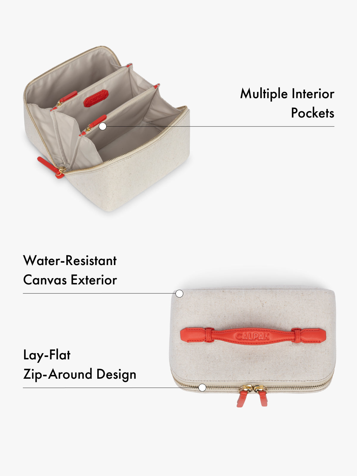 Travel toiletry organizer with multiple interior pockets, water-resistant canvas exterior, lay-flat design features highlighted on a white background; CLTB2601-NATURAL-TOMATO