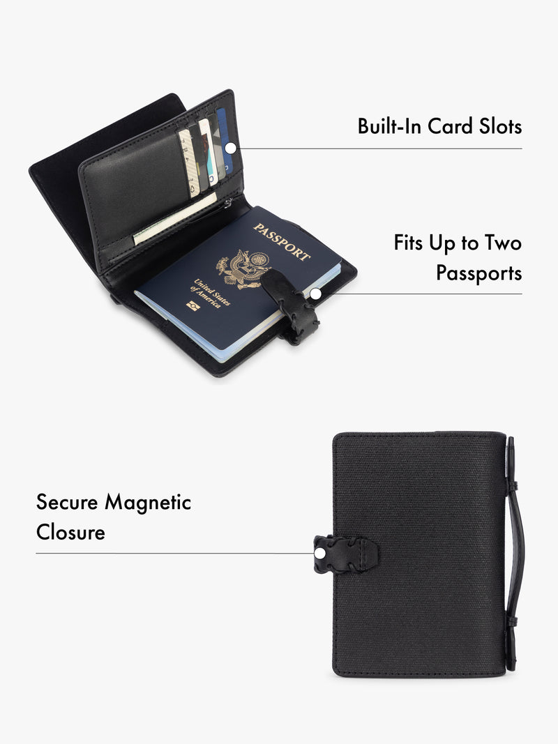 Passport holder with built-in card slots and secure magnetic closure features highlighted on a white background