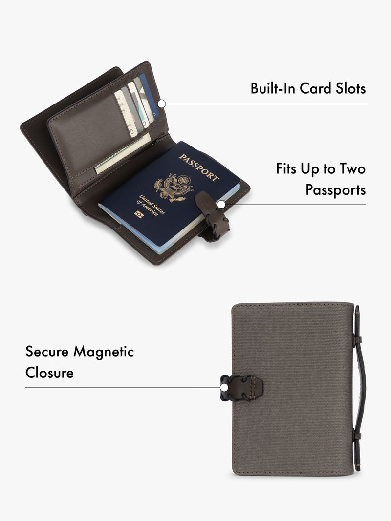 Passport holder with built-in card slots and secure magnetic closure features highlighted on a white background