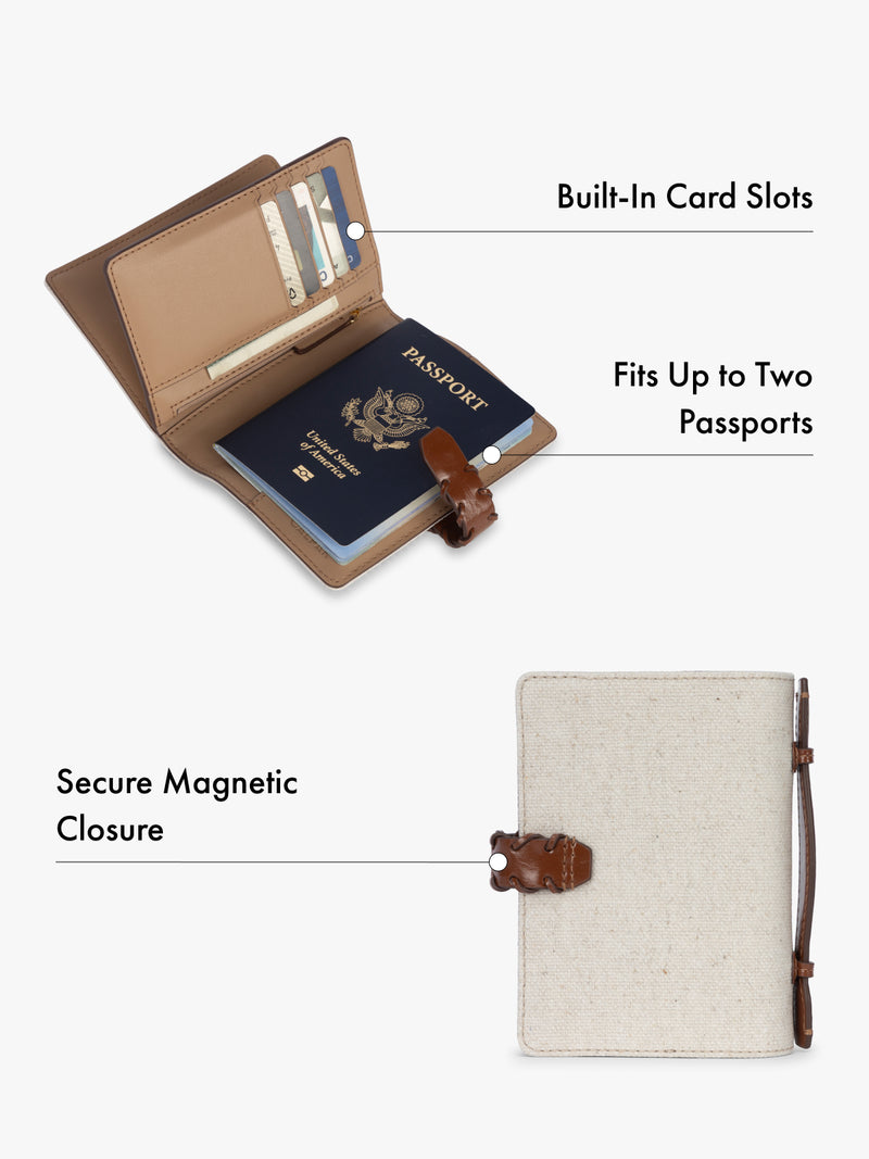Passport holder with built-in card slots and secure magnetic closure features highlighted on a white background