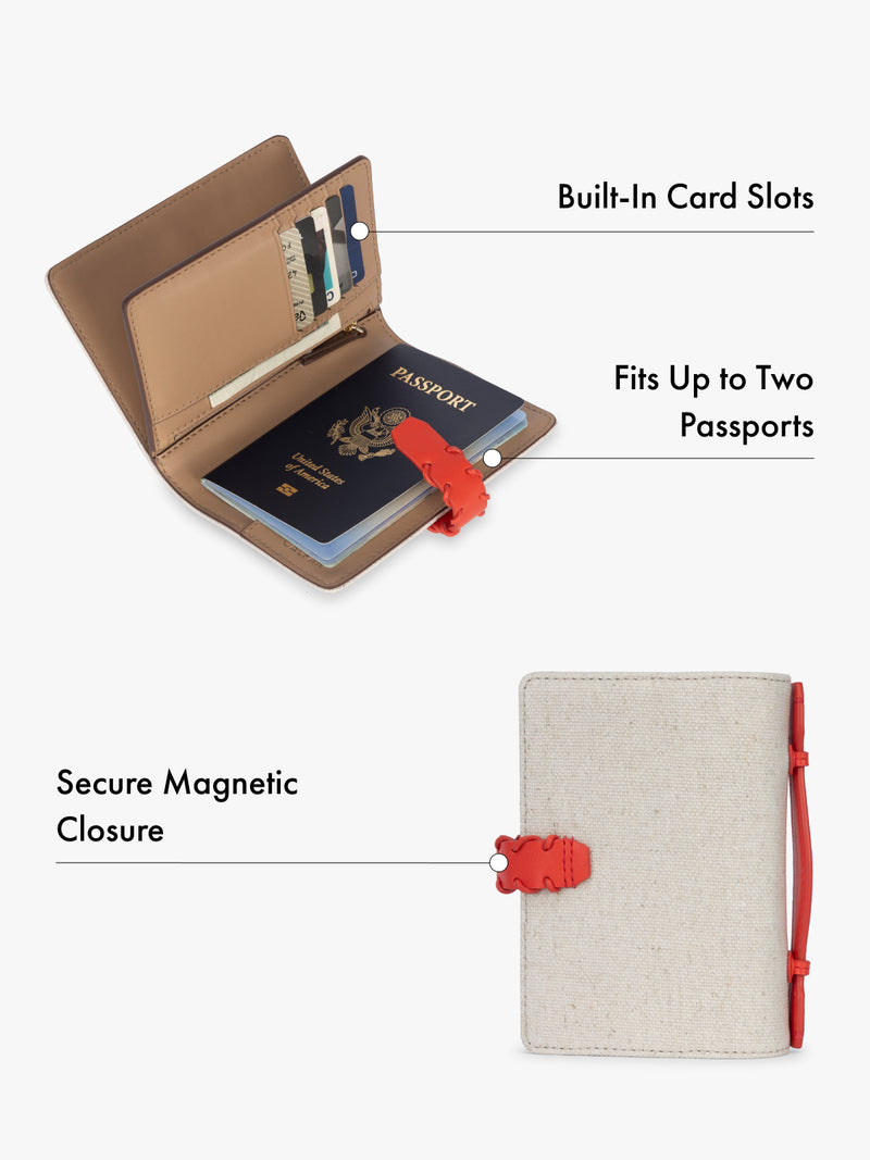 Passport holder with built-in card slots and secure magnetic closure features highlighted on a white background