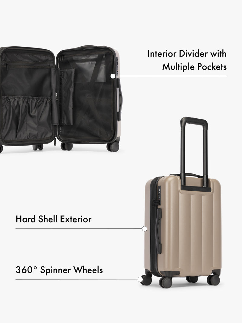 CALPAK hard shell carry-on luggage featuring 360 spinner wheels and interior divider pockets in chocolate