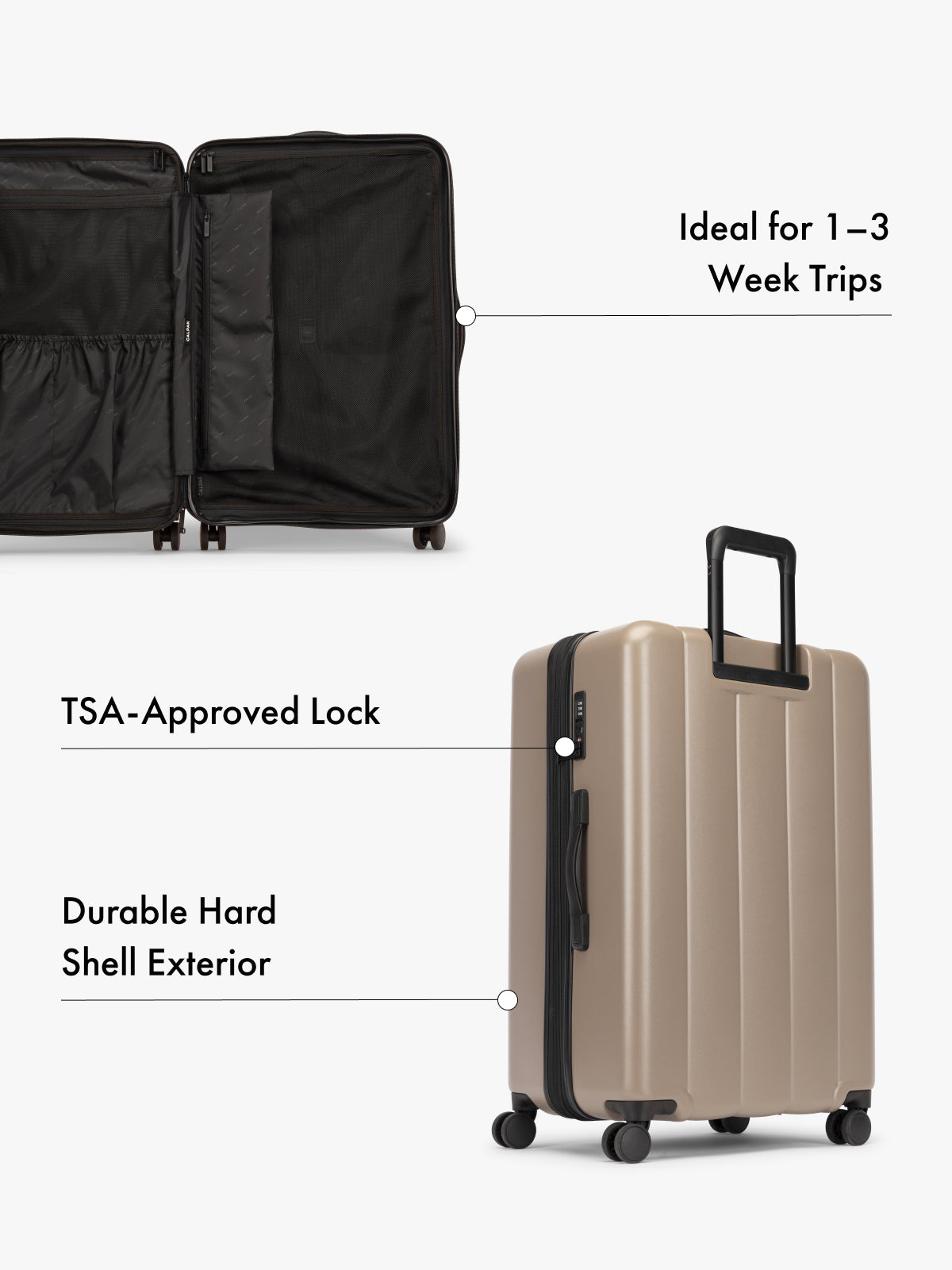 Brown CALPAK Evry Large Hard Shell Luggage features divided compartments with interior pockets for organized packing and TSA approved lock; LCO1028-CHOCOLATE