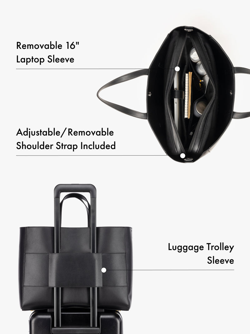 CALPAK Haven black tote bag with features highlighted including a removable 16" laptop sleeve, adjustable/removable shoulder strap, and luggage trolley sleeve for travel