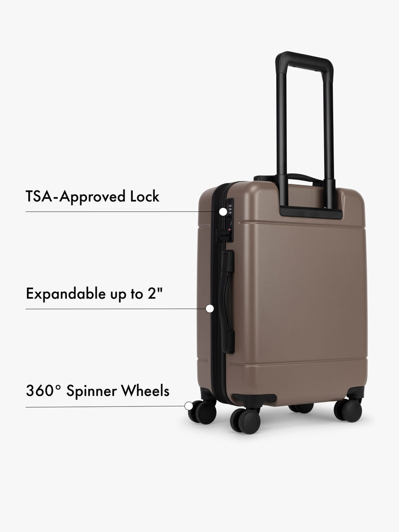 Brown suitcase with features highlighted on a white background