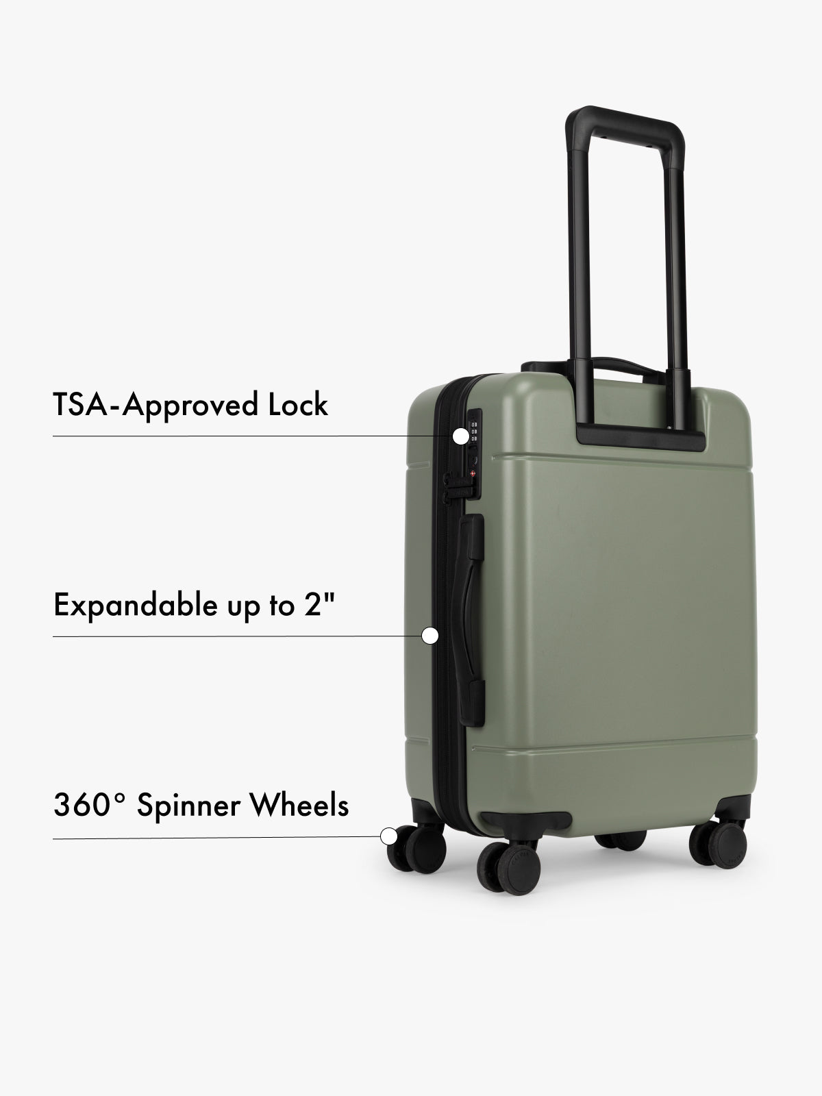 Green suitcase with features highlighted on a white background; LHU1020-NP-JUNIPER