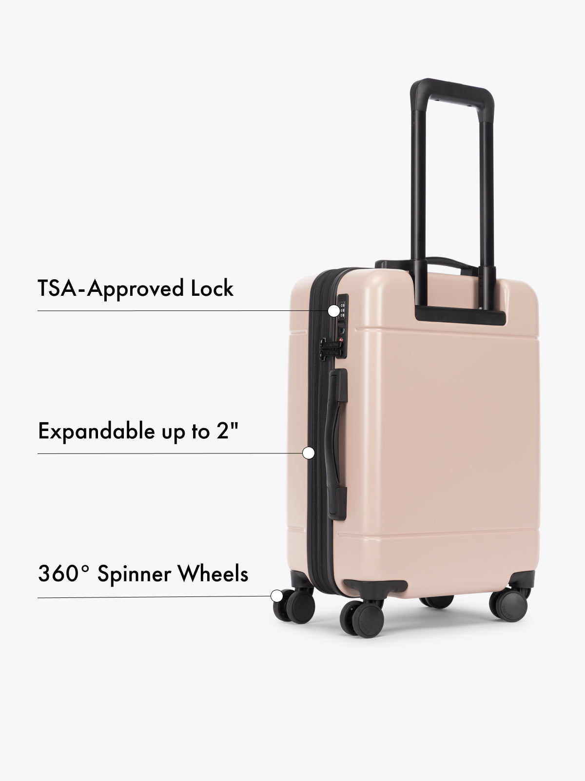 Beige suitcase with features highlighted on a white background; LHU1020-NP-ROSE-QUARTZ