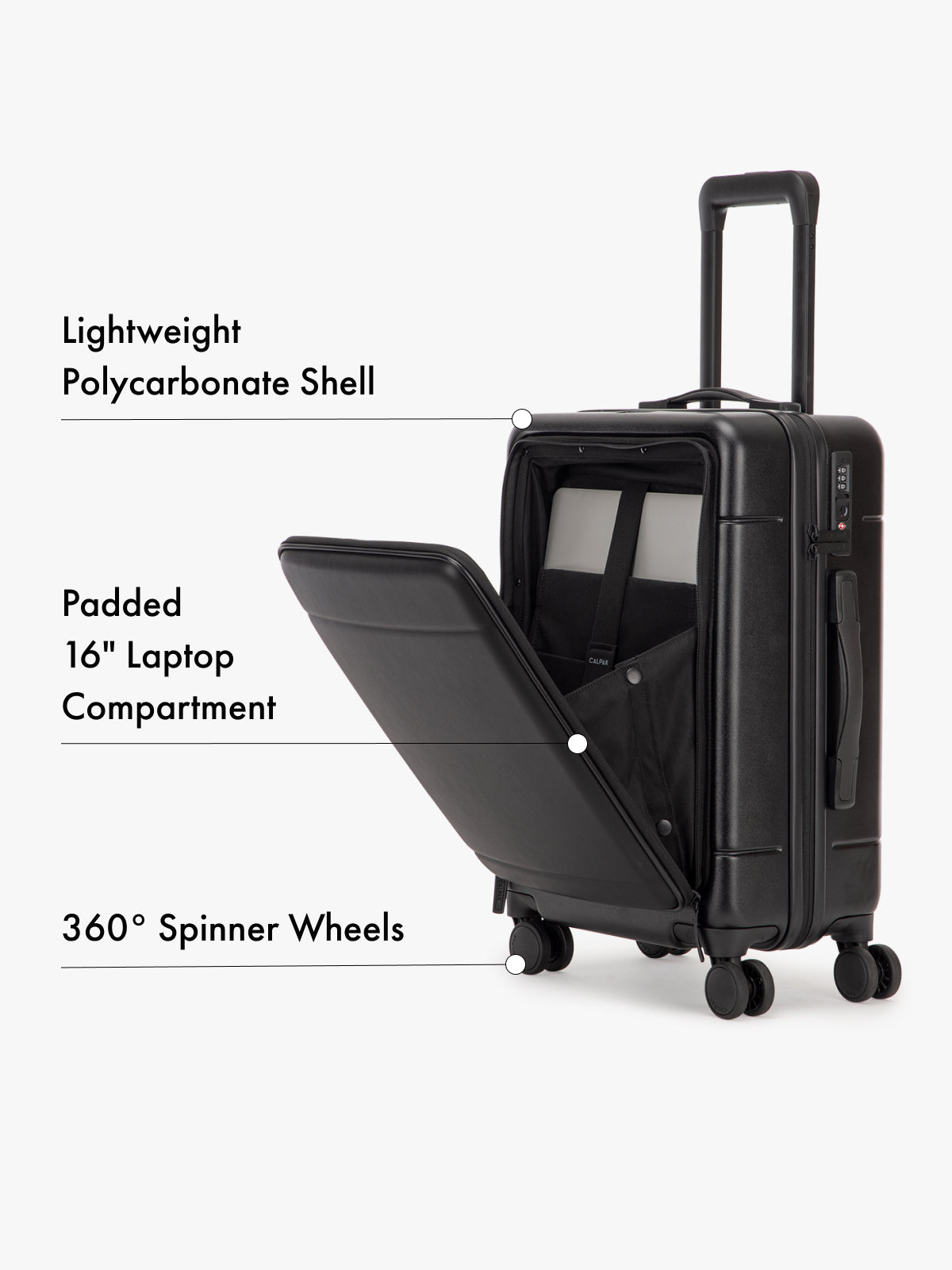 CALPAK Hue hardside carry-on Black suitcase with open laptop compartment on a white background; LHU1020-BLACK