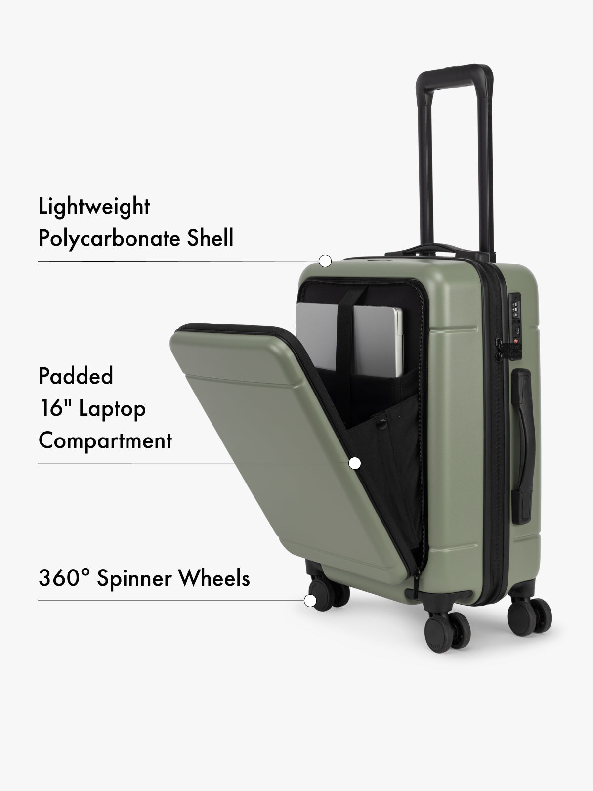 CALPAK Hue Front Pocket Carry On in green with open laptop compartment on a white background; LHU1020-JUNIPER
