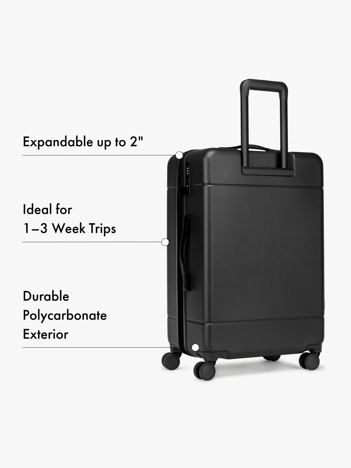 CALPAK large black suitcase with text highlighting features on a white background; LHU8000-BLACK