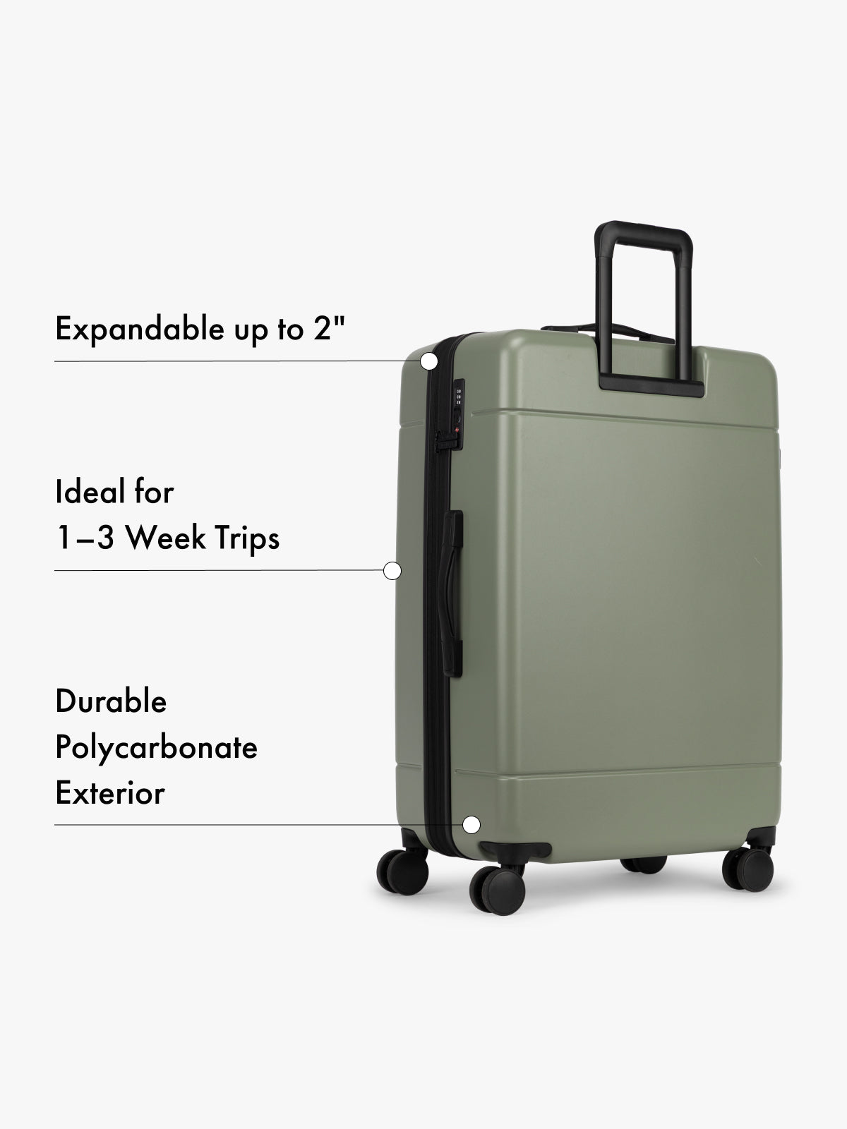 CALPAK Hue Large Luggage in green Juniper with text highlighting features on a white background; LHU1028-JUNIPER