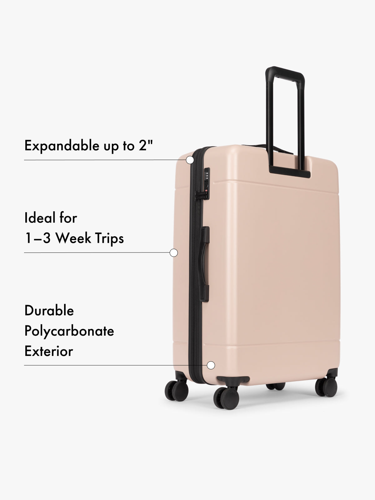CALPAK pink suitcase with text highlighting features on a white background; LHU8000-ROSE-QUARTZ