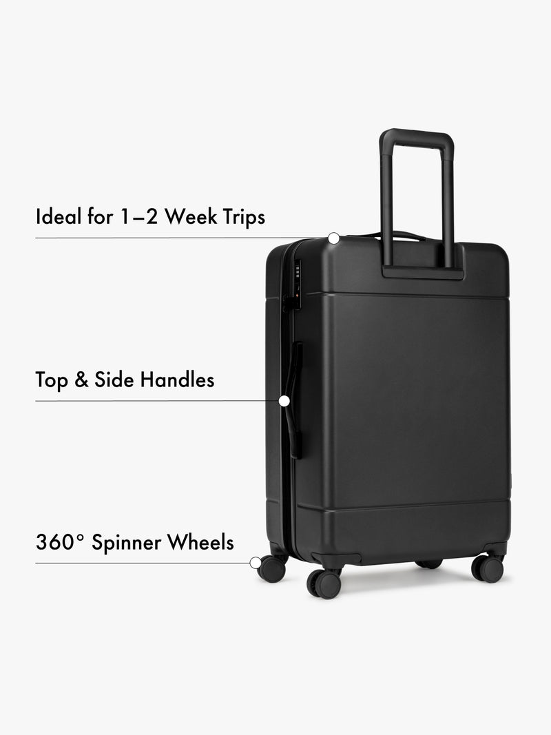 CALPAK medium black suitcase with features highlighted on a white background
