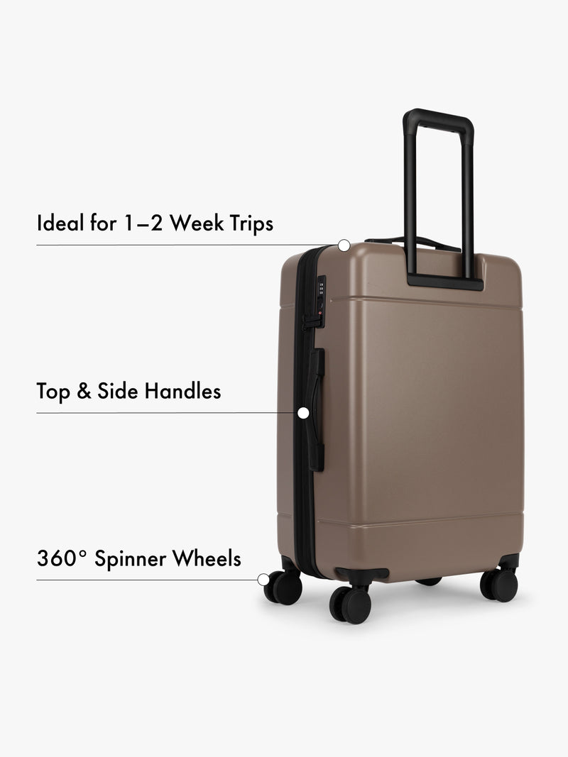 CALPAK Hue Medium Brown suitcase with features highlighted on a white background