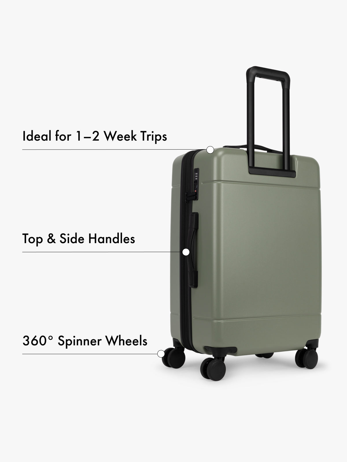 CALPAK Hue Medium green suitcase with features highlighted on a white background; LHU1024-JUNIPER