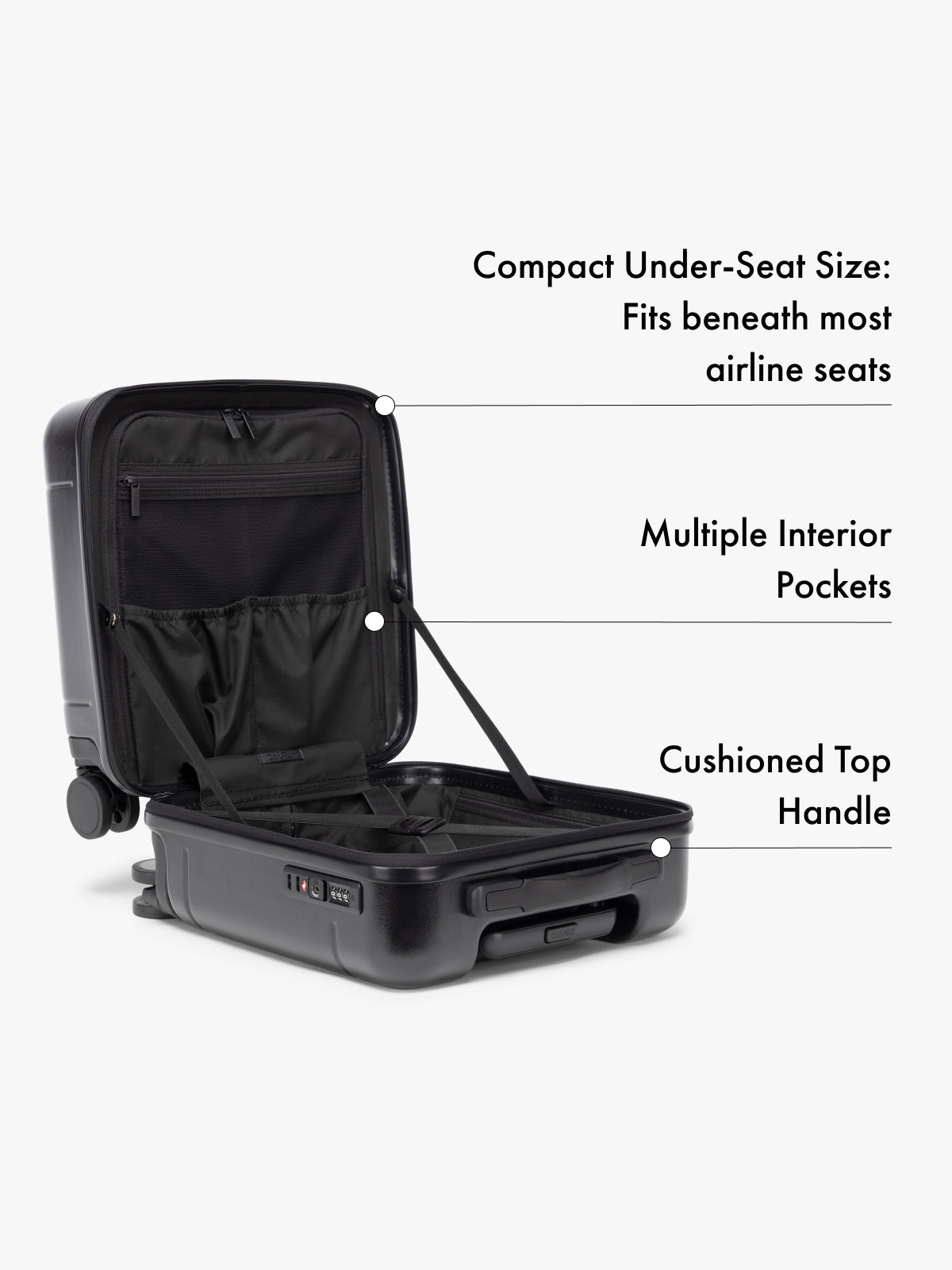 CALPAK Hue mini black carry on with multiple pockets and compression straps suitcase with features on a white background; LHU1014-BLACK