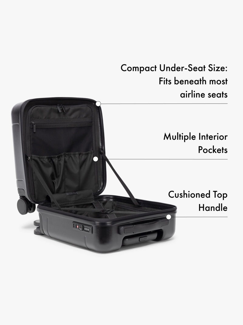 CALPAK Hue mini black carry on with multiple pockets and compression straps suitcase with features on a white background