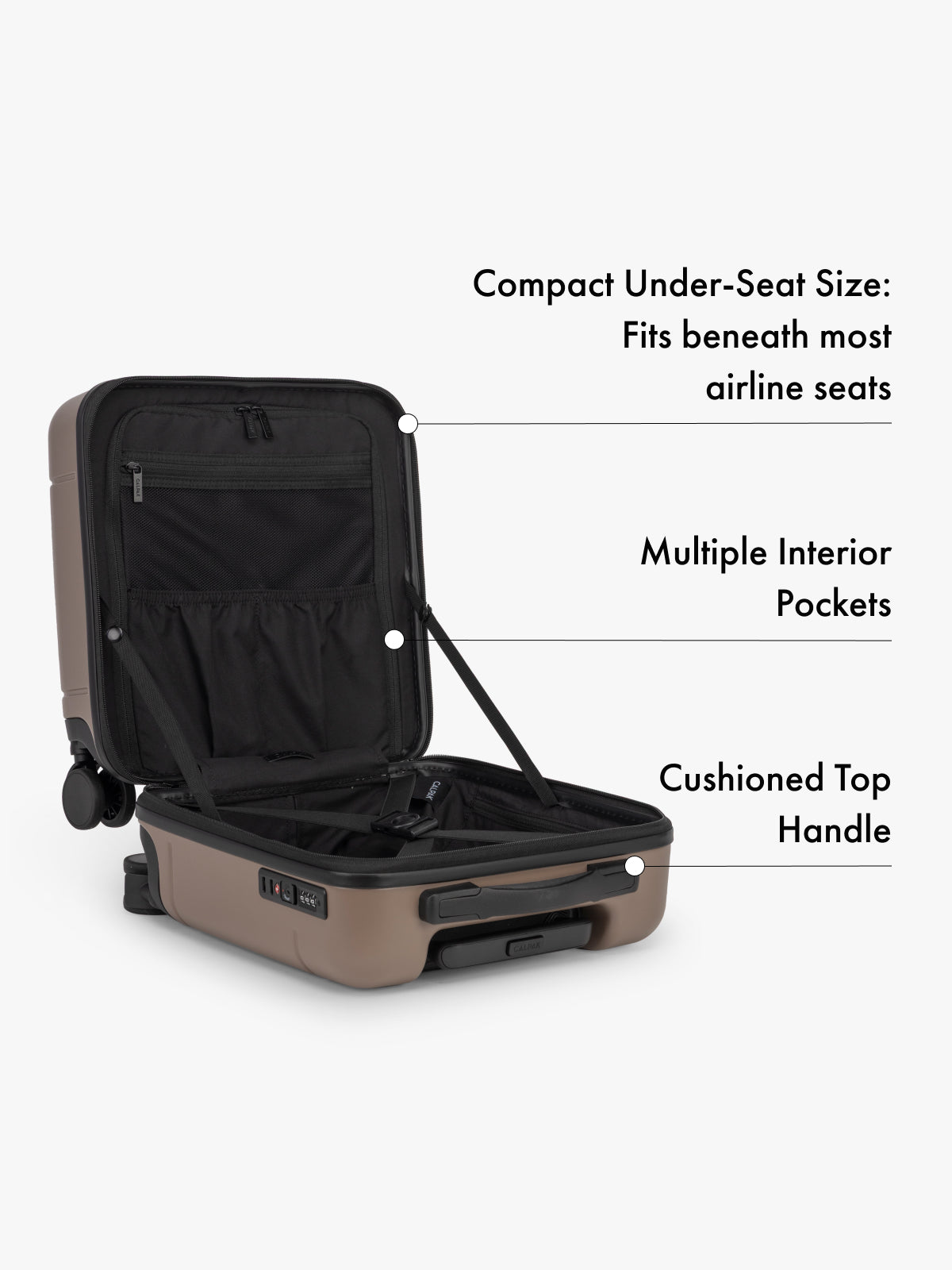 CALPAK Hue Mini compact suitcase with features highlighted on a white background;  LHU1014-CHOCOLATE