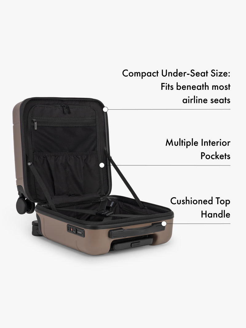 CALPAK Hue Mini compact suitcase with features highlighted on a white background