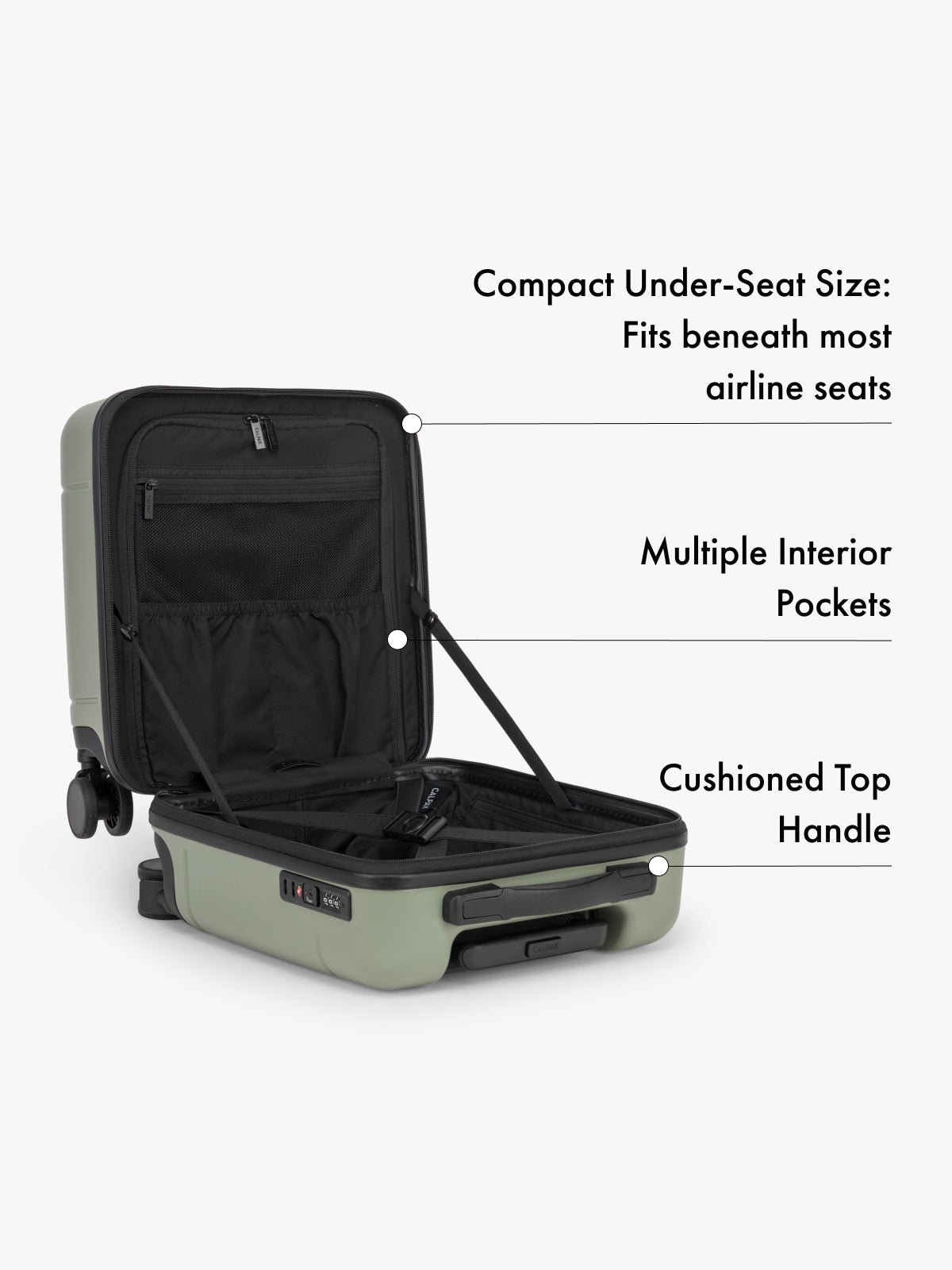 CALPAK Hue Mini Green carry-on suitcase with features highlighted on a white background; LHU1014-JUNIPER