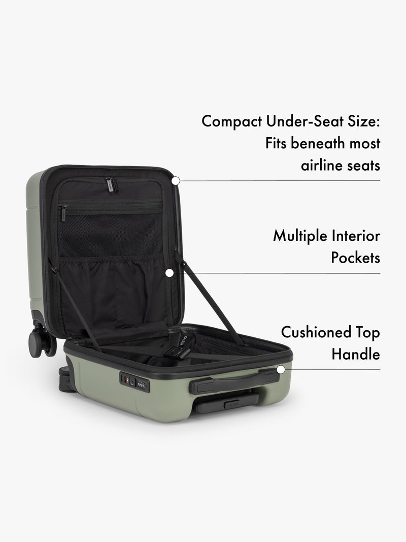 CALPAK Hue Mini Green carry-on suitcase with features highlighted on a white background