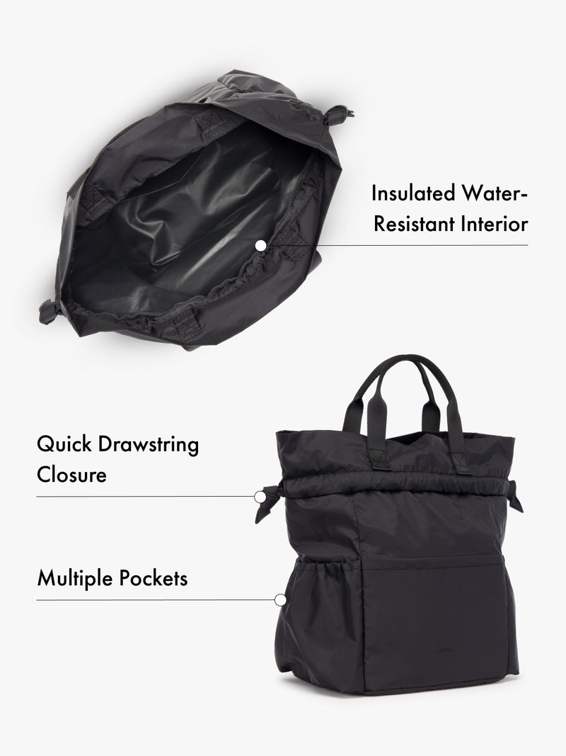 Water resistant interior CALPAK insulated lunch bag with drawstring closure and multiple pockets in black with features highlighted on white background