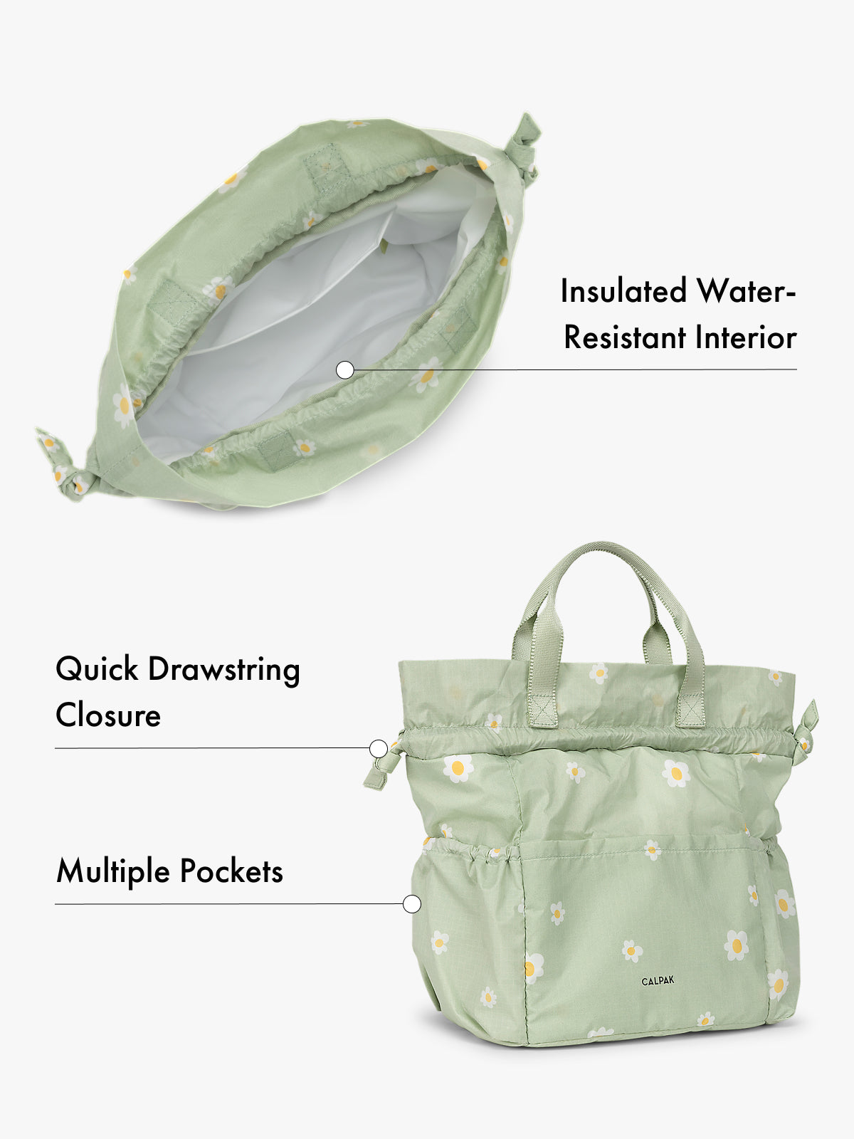 Water resistant interior CALPAK insulated lunch bag with drawstring closure and multiple pockets in green with flowers with features highlighted on white background; ALB2001-DAISY