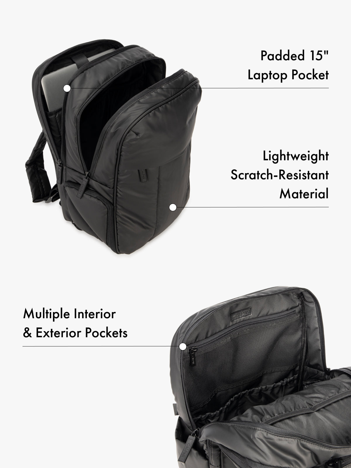 CALPAK Luka 15 Inch Laptop Backpack with lightweight scratch-resistant material, padded 15" laptop pocket, and  and multiple interior and exterior pockets in black; BPL2001-MATTE-BLACK